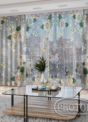3d - фото шторы и тюль "розы с бабочками" - любой размер. читаем описание!