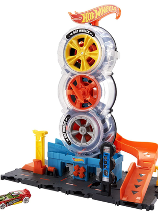 Трек хот вилс трюки на шиномонтаже hot wheels city super twist tire shop playset....