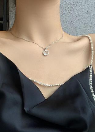 Модное украшение кулон, круглая подвеска с кристаллом, колье minimalism (серебристый)4 фото