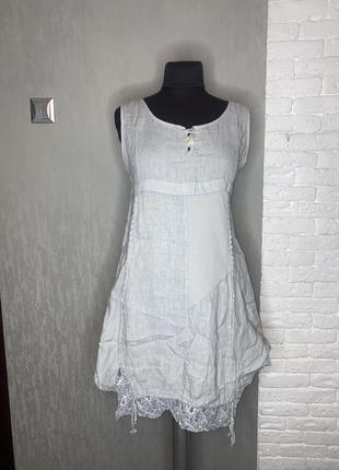Асимметричное льняное платье итальянского платья лен с трикотажными хлопковыми вставками платье в стиле бохо италия, m-l