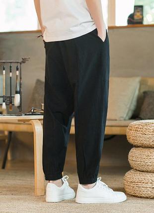 Мужские штаны черные льняные японские, брюки широкие на шнурке6 фото