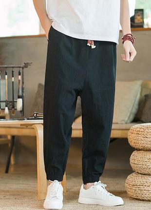 Мужские штаны черные льняные японские, брюки широкие на шнурке4 фото