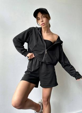 Жіночий костюм-двійка, (худи + шорти), 42-44, 44-46, чорний, малиновий, бежевий, блакитний, двонитка люкс.