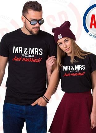 Футболки для жениха и невесты mr & mrs just married футболки для свадьбы с надписями печать под заказ4 фото