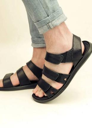 Стильные мужские сандалии/босоножки черные на трех лепучках кожаные/кожа - мужская обувь на лето2 фото