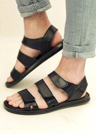 Стильні чоловічі сандалі/босоніжки чорні на трьох ліпучках шкіряні/шкіра  - чоловіче взуття на літо
