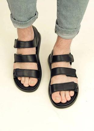Стильные мужские сандалии/босоножки черные на трех лепучках кожаные/кожа - мужская обувь на лето3 фото