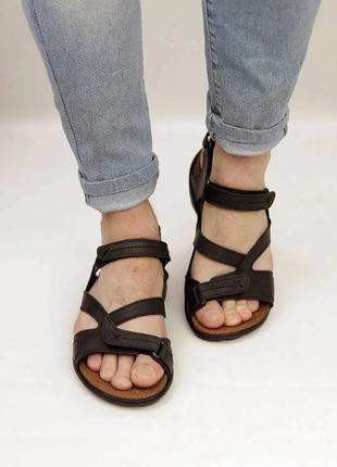Стильные мужские сандалии/босоножки черные на двух лепучках кожаные/кожа - мужская обувь на лето4 фото