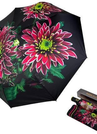 Женский зонт-автомат в подарочной упаковке с платком от rain flower, черный с розовыми цветами 01020-5