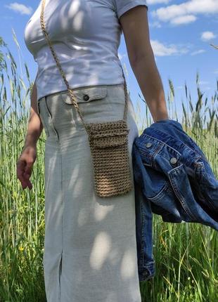 Плетена сумочка для телефону. маленька джутова крос-боді.  сумка через плече. холдер.2 фото