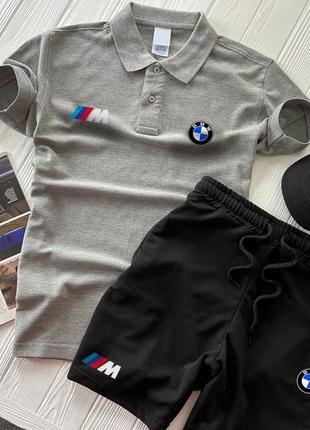 Летний серый спортивный костюм с футболкой поло bmw літній сірий спортивний костюм bmw футболка сіра поло шорти чорні бмв
