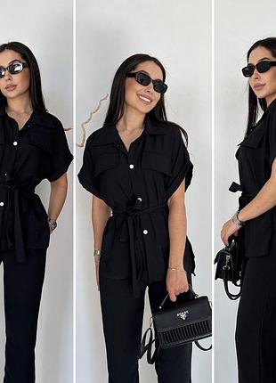 Костюм блузка свободная на пуговицах под поясок рукав спущенный короткий с подворотом брюки прямые талия на резинке карманы ткань креп жатка турция