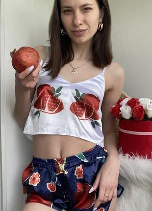 Женская атласная пижама топ и шорты гранатики