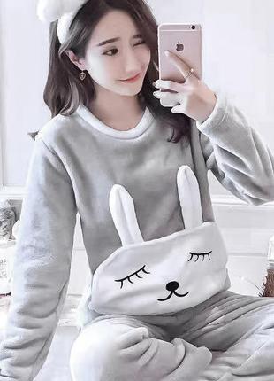 Женская тёплая пижама lesko bunny gray m флисовая плюшевая для дома "gr"2 фото