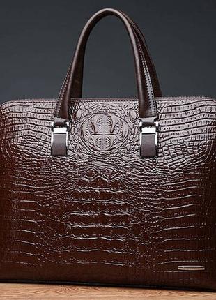 Оригинальный мужской деловой портфель под рептилию для документов формат а4 мужская сумка крокодил коричневый