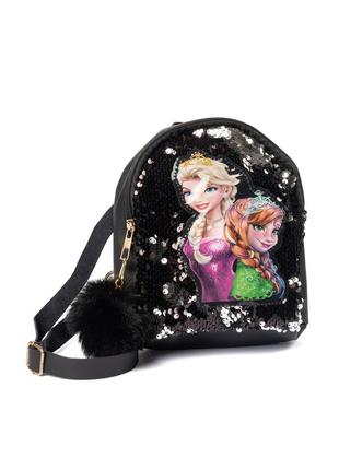 Рюкзак детский с эльзой с пайетками и меховым помпоном рюкзачок frozen для девочки черный "gr"1 фото