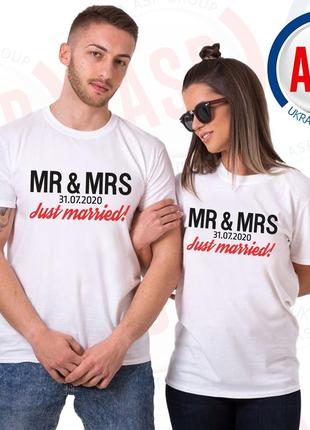 Футболки для жениха и невесты mr & mrs just married футболки для свадьбы с надписями печать под заказ1 фото