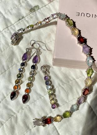 Набір срібні сережки, підвіска та браслет з 7 чакрами фадхіла