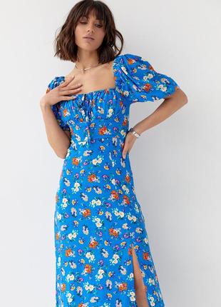 Літня квіткова сукня міді з куліскою на грудях3 фото