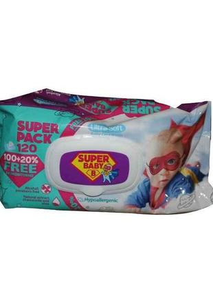 Вологі серветки superpack ромашка та алоє, 120шт тм super baby "kg"