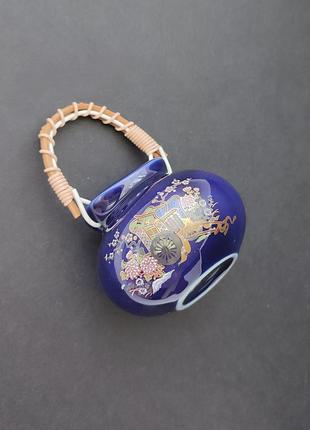 Керамический-порцелянцевый кобальтовый синий японский мини-кувшин вазочка баночка с ручкой,позолота2 фото