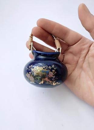 Керамический-порцелянцевый кобальтовый синий японский мини-кувшин вазочка баночка с ручкой,позолота4 фото