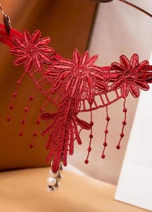 Трусики с жемчужинами цветками бордовые - размер универсальный, резинка до 84см