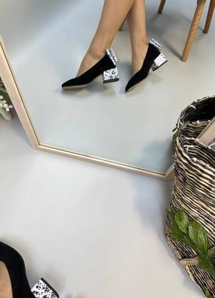 Черные замшевые туфли с кожаным бантиком5 фото