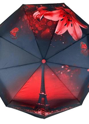 Женский складной зонт автомат c принтом эйфелевая башня и цветы от frei regen, красный 0814-4