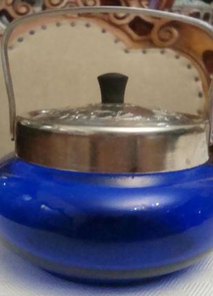 Старинная сахарница ссср цветное синее стекло кобальт мельхиор зиш №ст91 фото