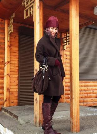 Брендовое коричневое шерстяное демисезонное пальто с карманами h&m1 фото