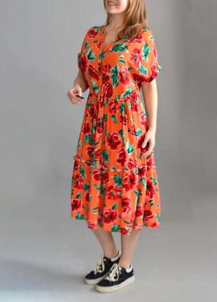 Платье-миди🍊сочный апельсин🍊в цветочный принт papaya ( размер 12-14)