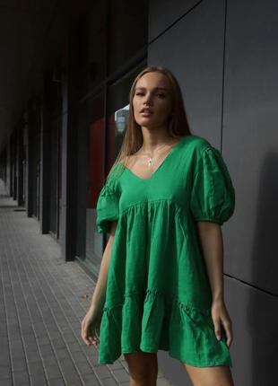 Муслиновое мини платье облако свободного кроя зеленое9 фото
