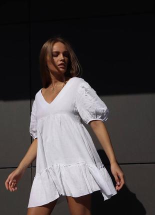 Муслиновое мини платье облако свободного кроя молочное белое2 фото
