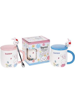 Кружка порцелянова "rabbit" 430мл daymart  з кришкою і ложкою, 3 дизайни2 фото