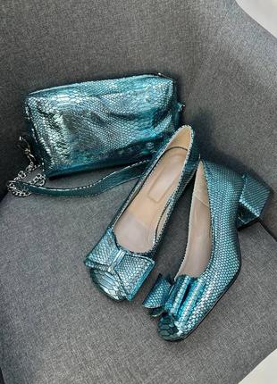 Блакитні голубі шкіряні туфлі з бантиком + сумочка