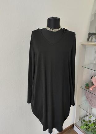 Стильное черное платье трапеция, с капюшоном, вискоза