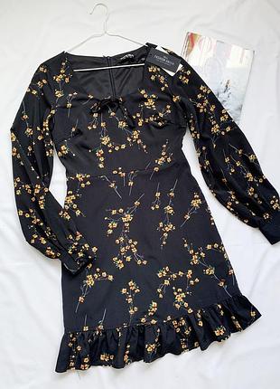 Платье, в цветочный принт, черное, fashion union