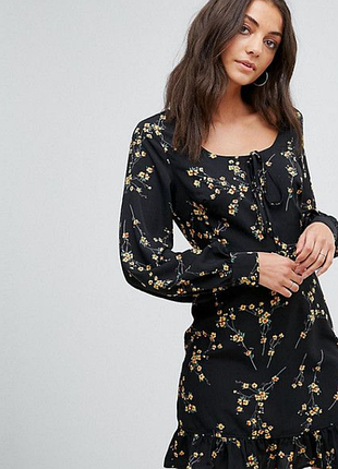 Платье, в цветочный принт, черное, fashion union
