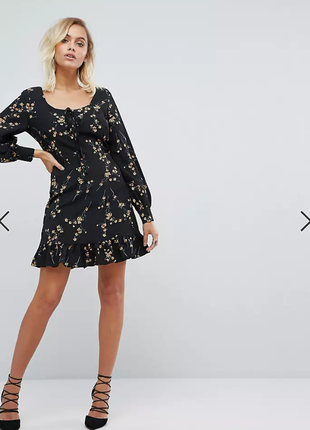 Платье, в цветочный принт, черное, fashion union