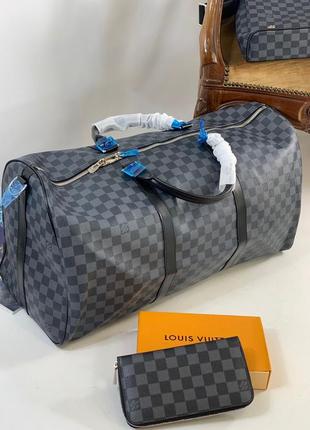 Сумка дорожная спортивная мужская канва кожа серая клетка в стиле louis vuitton луи витон