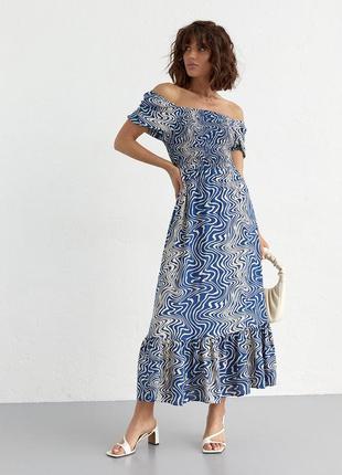 Жіноча довга синя сукня в квіточку з еластичним поясом8 фото