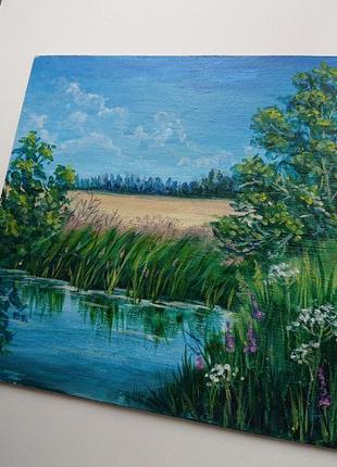 Озеро у пшенниц картина маслом пейзаж масляными красками3 фото