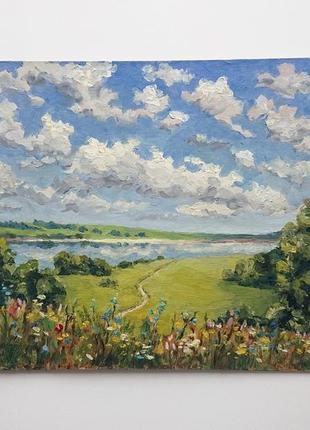 Пейзаж с рекой и полями озеро масляными красками картина маслом речка1 фото