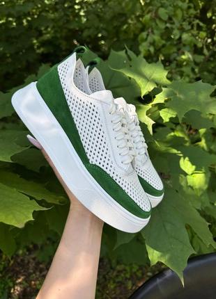 Кеди з натуральної італійської шкіри та замші жіночі з перфорацією