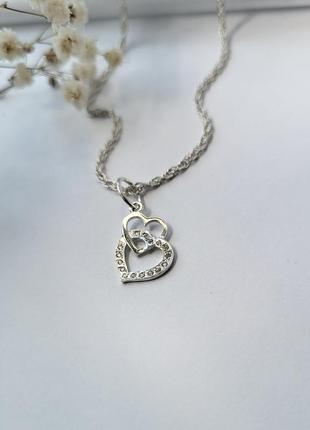 Серебряная подвеска медальон «серебряное сердце два сердца" в камнях  серебро 925 0360 0.70г