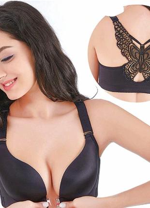 Бюстгальтер 80 c великий розмір для пишних грудей чорний з метеликом без кісточок застібкою спереду