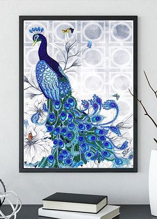 Алмазна мозаїка павич блакитний 24*34 см. набір алмазної вишивки стразами за номерами. картина (розмір полотна 30*40 см)