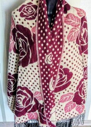 Огромный шарф палантин шаль цвета марсала +беж в горох и розах1 фото