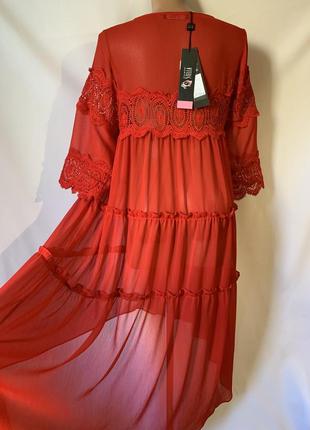 Невероятное новое прозрачное красное платье свободного кроя миди с ажуром со шлейфом svelto stella2 фото